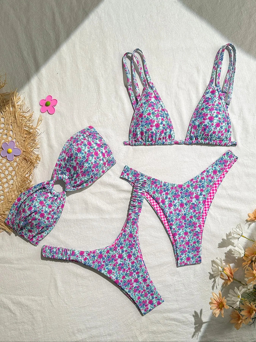 Pink and Blue Floral Three-Piece Bikini Set