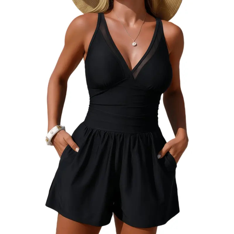 Olive Green Mesh Trim Swim Romper Set