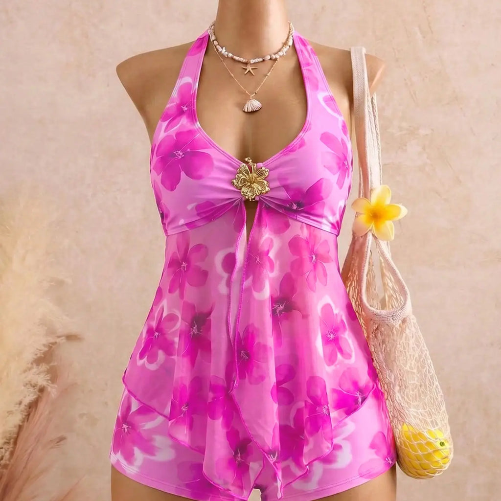 Pink Floral Halter Two-Piece Swimsuit with Mesh Overlay