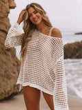 White Open Knit Off-Shoulder Beach Cover-Up