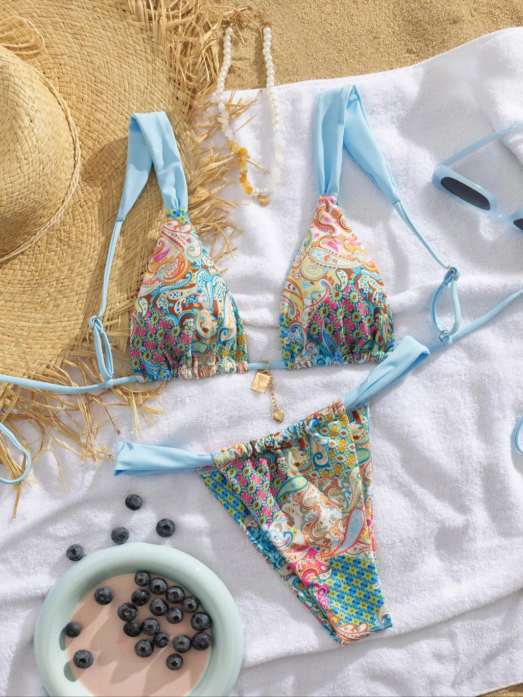 Paisley Print Triangle Bikini with Blue Ties