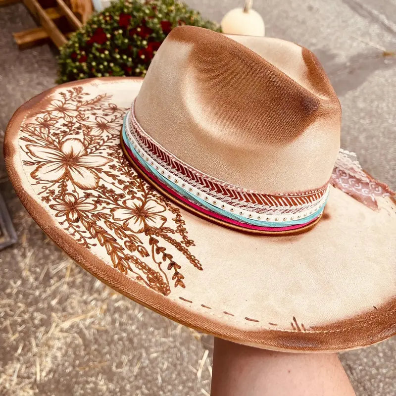 Tan Felt Wide Brim Hat With Feather Trim