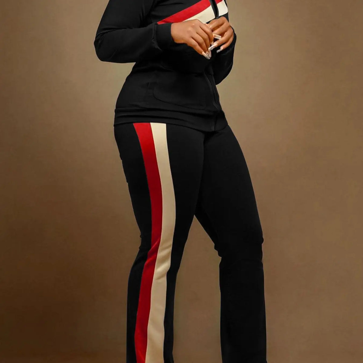 Black Zip Jacket and Flared Pants with Stripes
