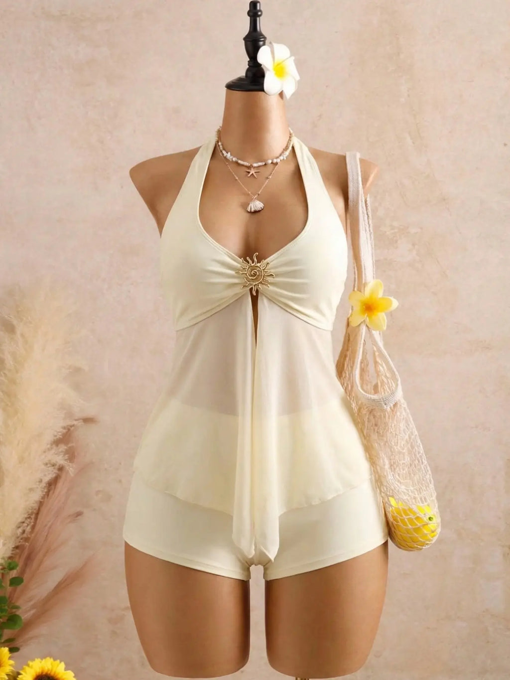 Cream Halter Tankini Top and Shorts Set