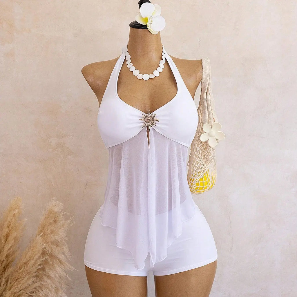 Cream Halter Tankini Top and Shorts Set