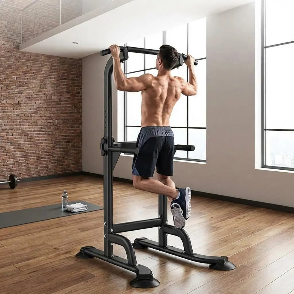 Freestanding Black Steel Pull-Up and Dip Tower