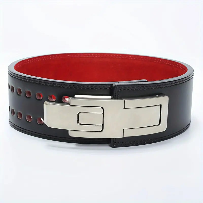 Black Leather Lever Weightlifting Belt with Red Lining