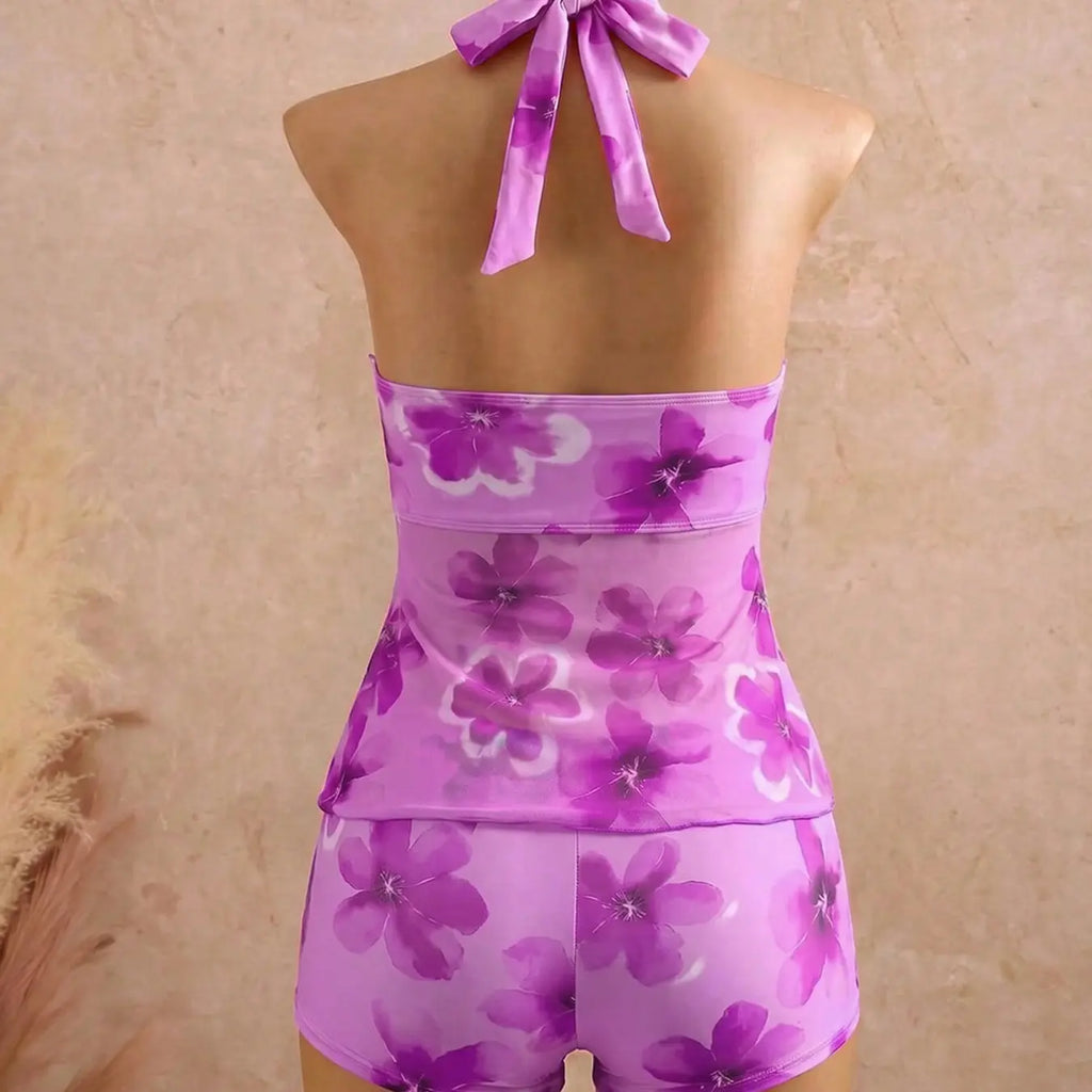 Pink Floral Halter Two-Piece Swimsuit with Mesh Overlay