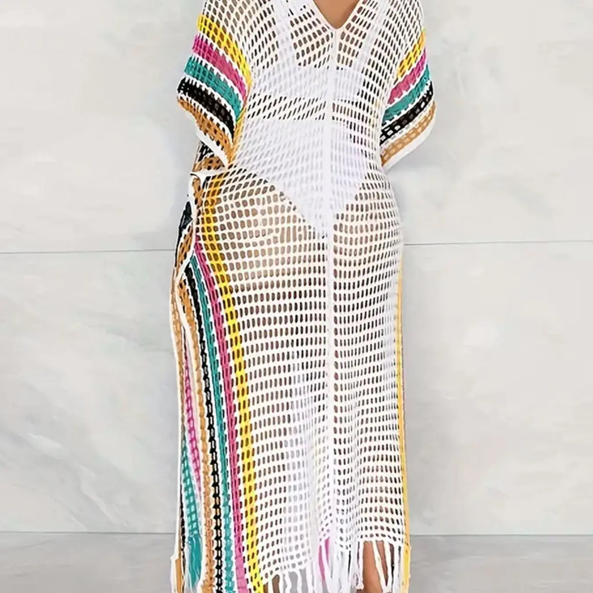 White Open-Knit Long Cover-Up With Rainbow Stripes and Fringe