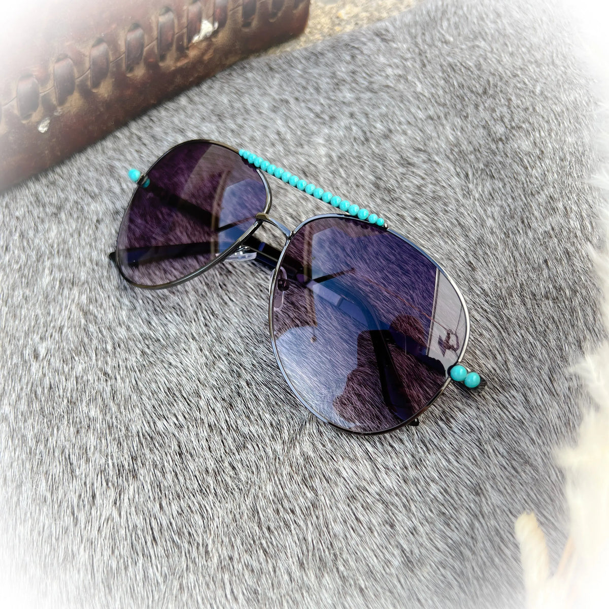 Metal Aviator Sunglasses with Turquoise Beads