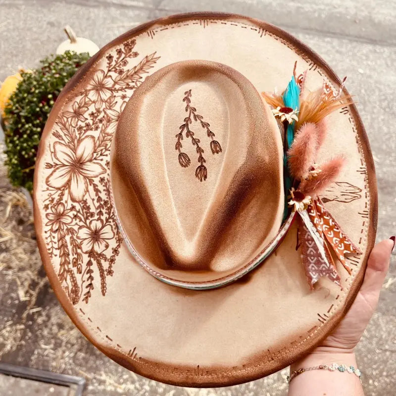 Tan Felt Wide Brim Hat With Feather Trim