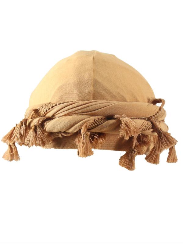 Tan Cotton Turban Hat With Tassel Trim