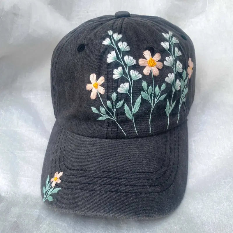 Washed Charcoal Baseball Cap with Floral Embroidery