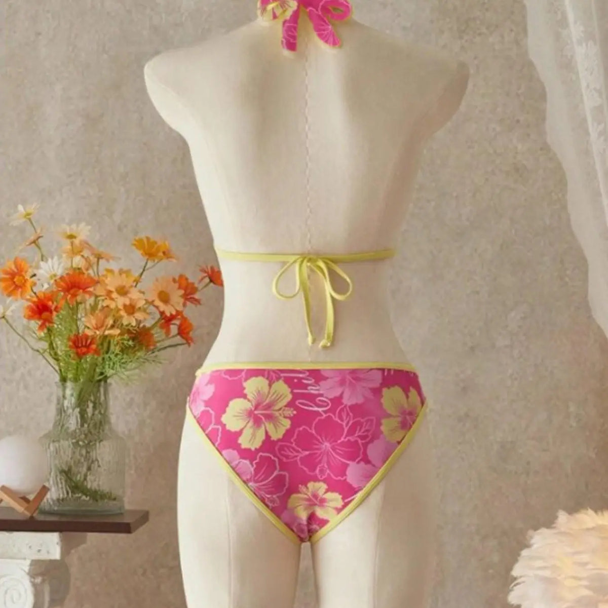 Pink Floral Halter Bikini Top and Ruffle Skirt Set