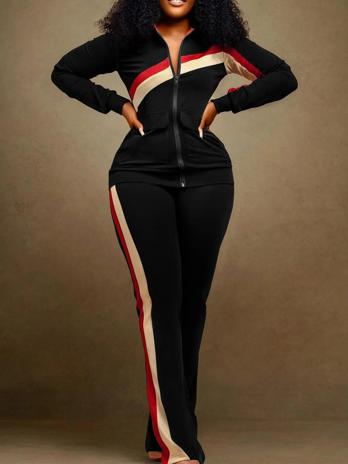 Black Zip Jacket and Flared Pants with Stripes