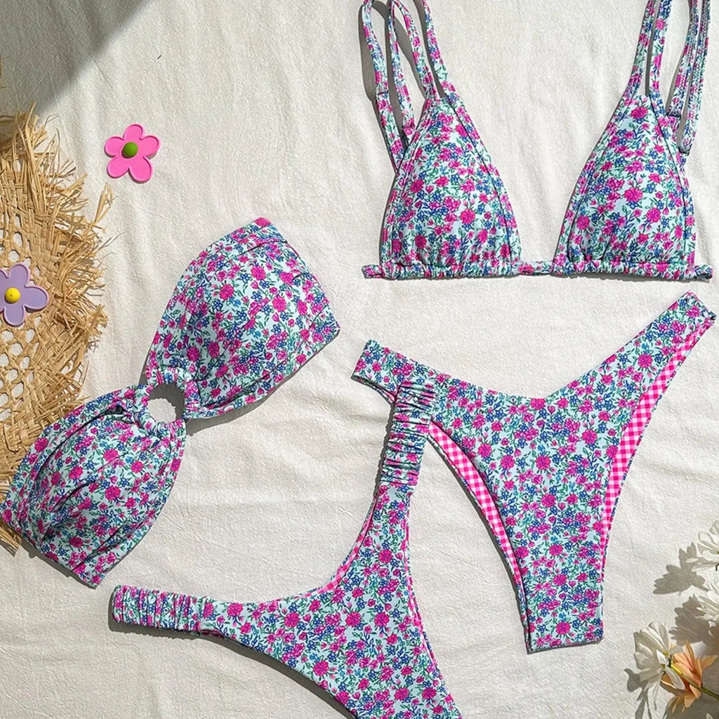 Pink and Blue Floral Three-Piece Bikini Set