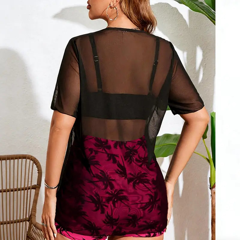Three-Piece Palm Print Swim Set With Mesh Cover