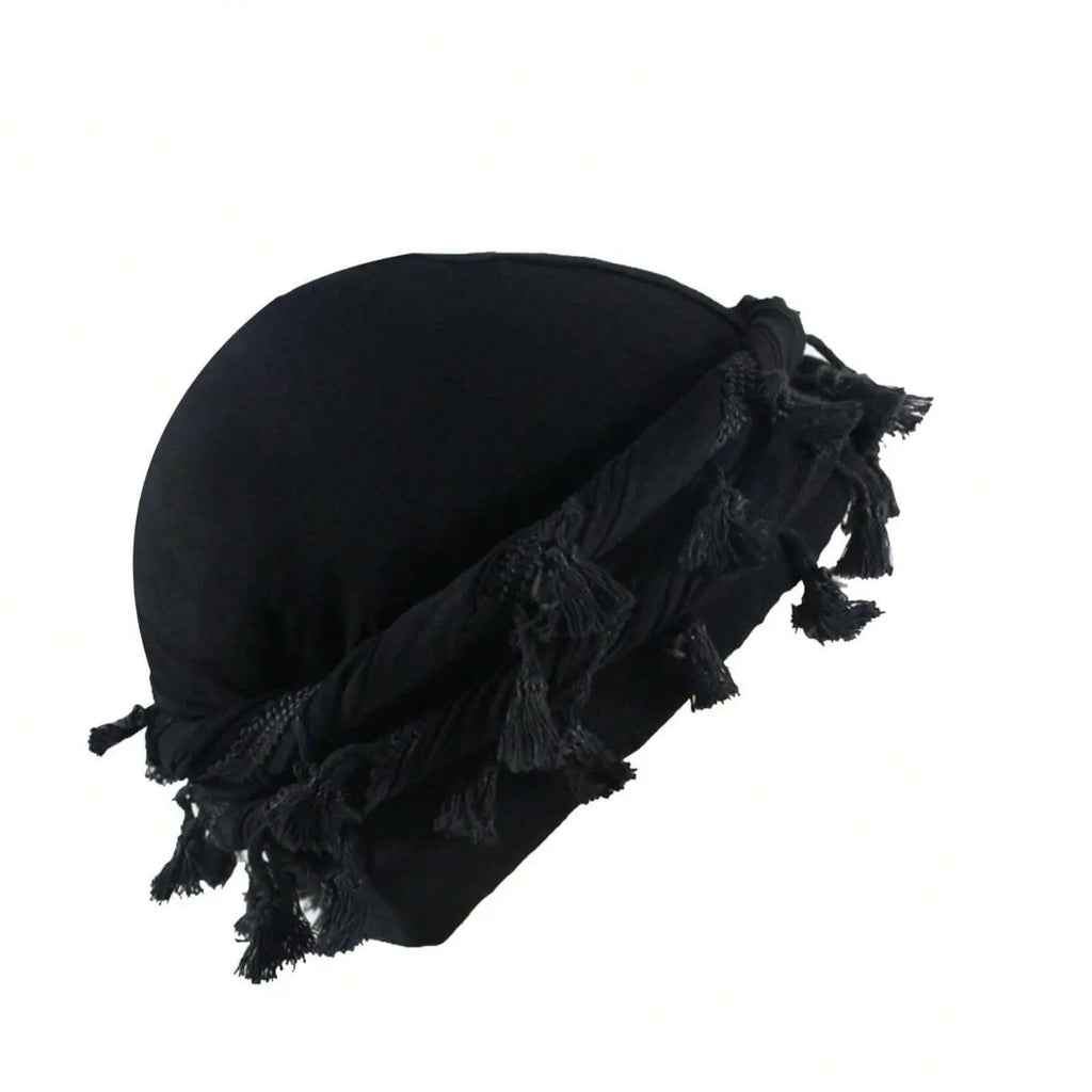 Tan Cotton Turban Hat With Tassel Trim