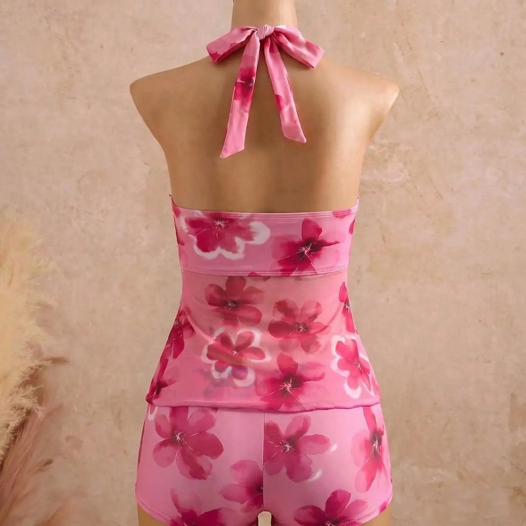 Pink Floral Halter Two-Piece Swimsuit with Mesh Overlay