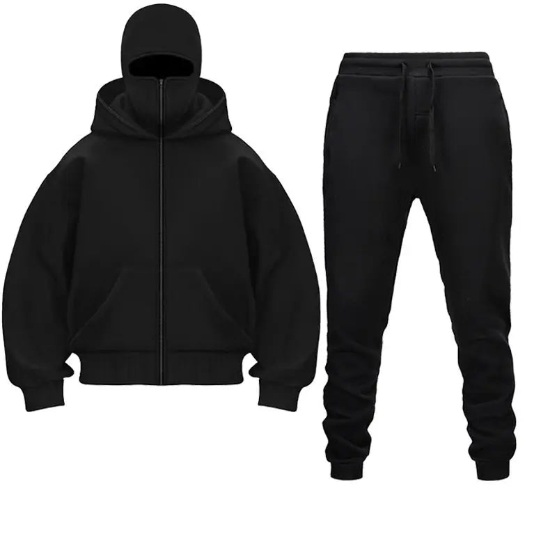 Black Zip Hoodie and Jogger Set with Face Cover