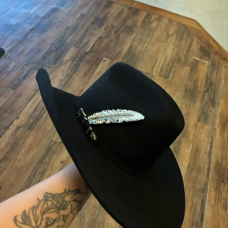 Black Felt Wide-Brim Western Hat with Feather