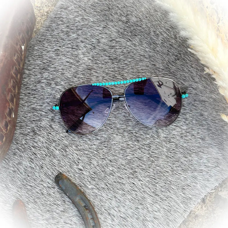 Metal Aviator Sunglasses with Turquoise Beads