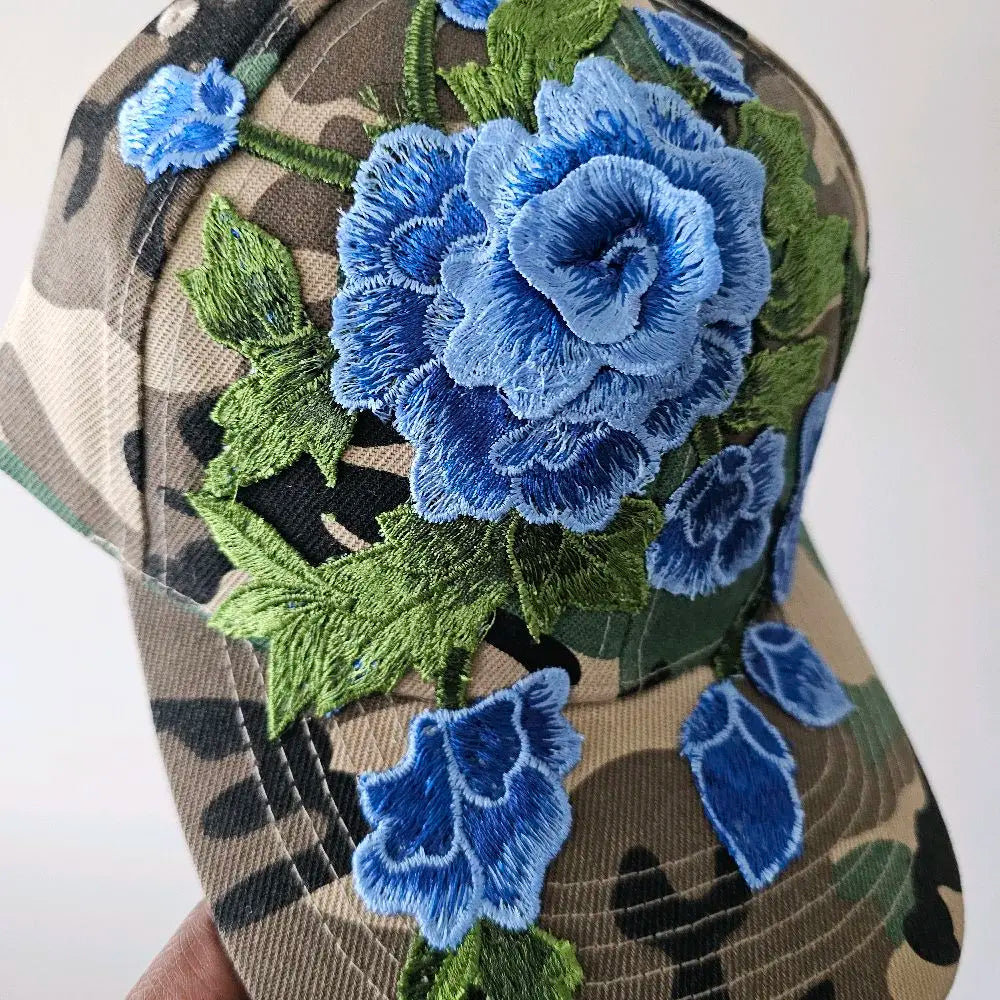 Camouflage Baseball Cap with Blue Flower Embroidery
