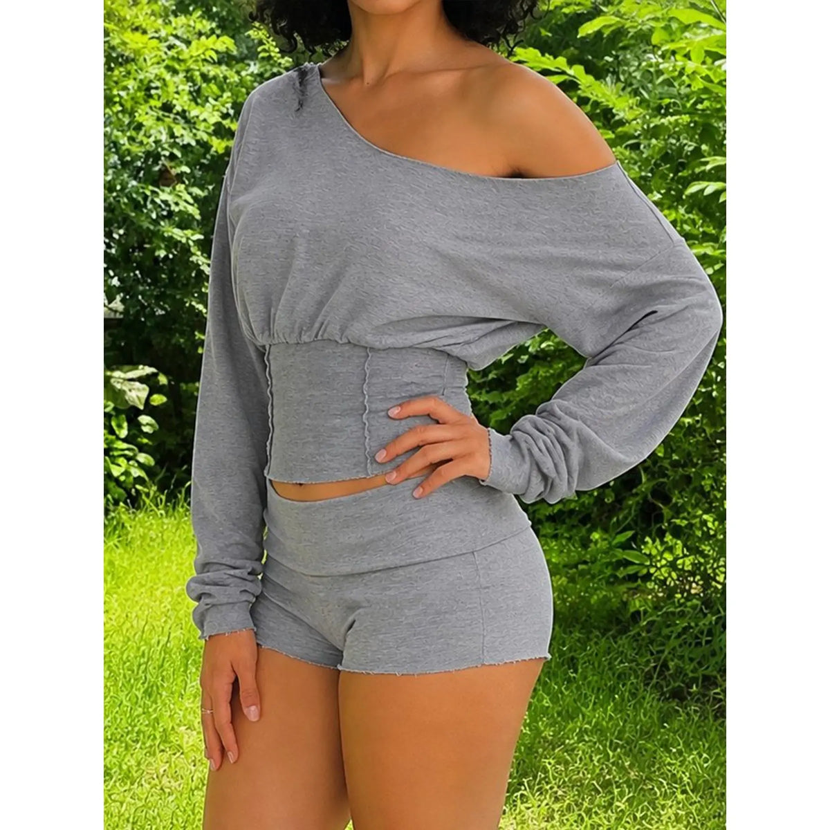Grey Off-Shoulder Sweatshirt and Shorts Set