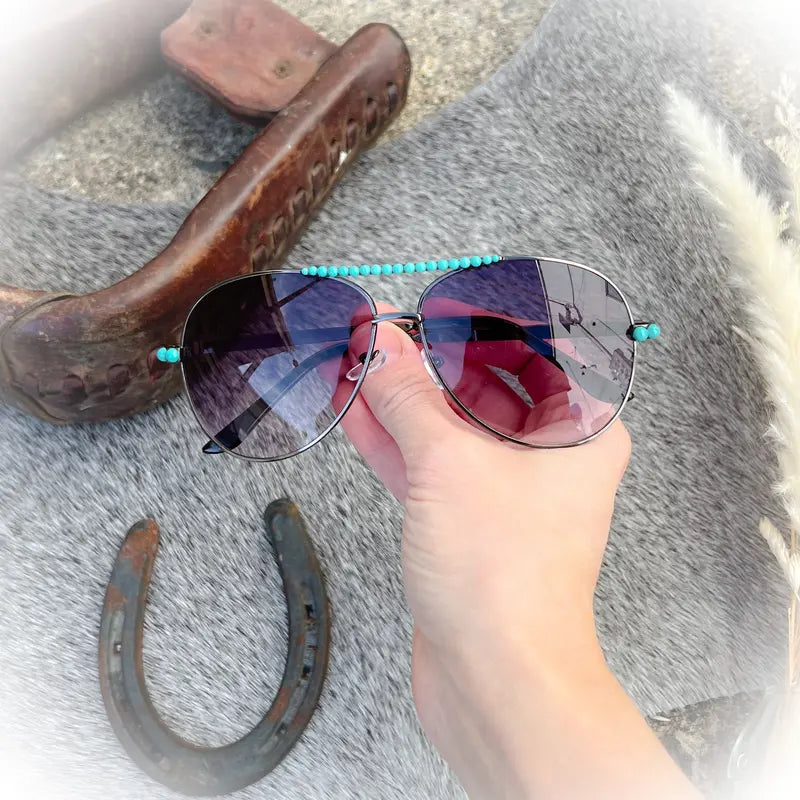 Metal Aviator Sunglasses with Turquoise Beads