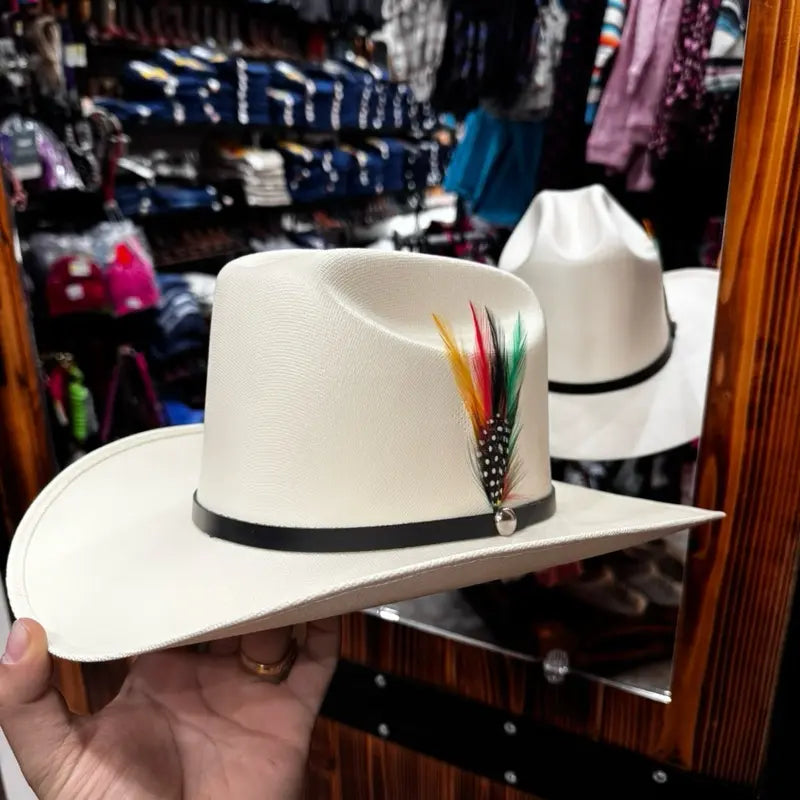 Cream Straw-Look Western Hat with Feather Trim