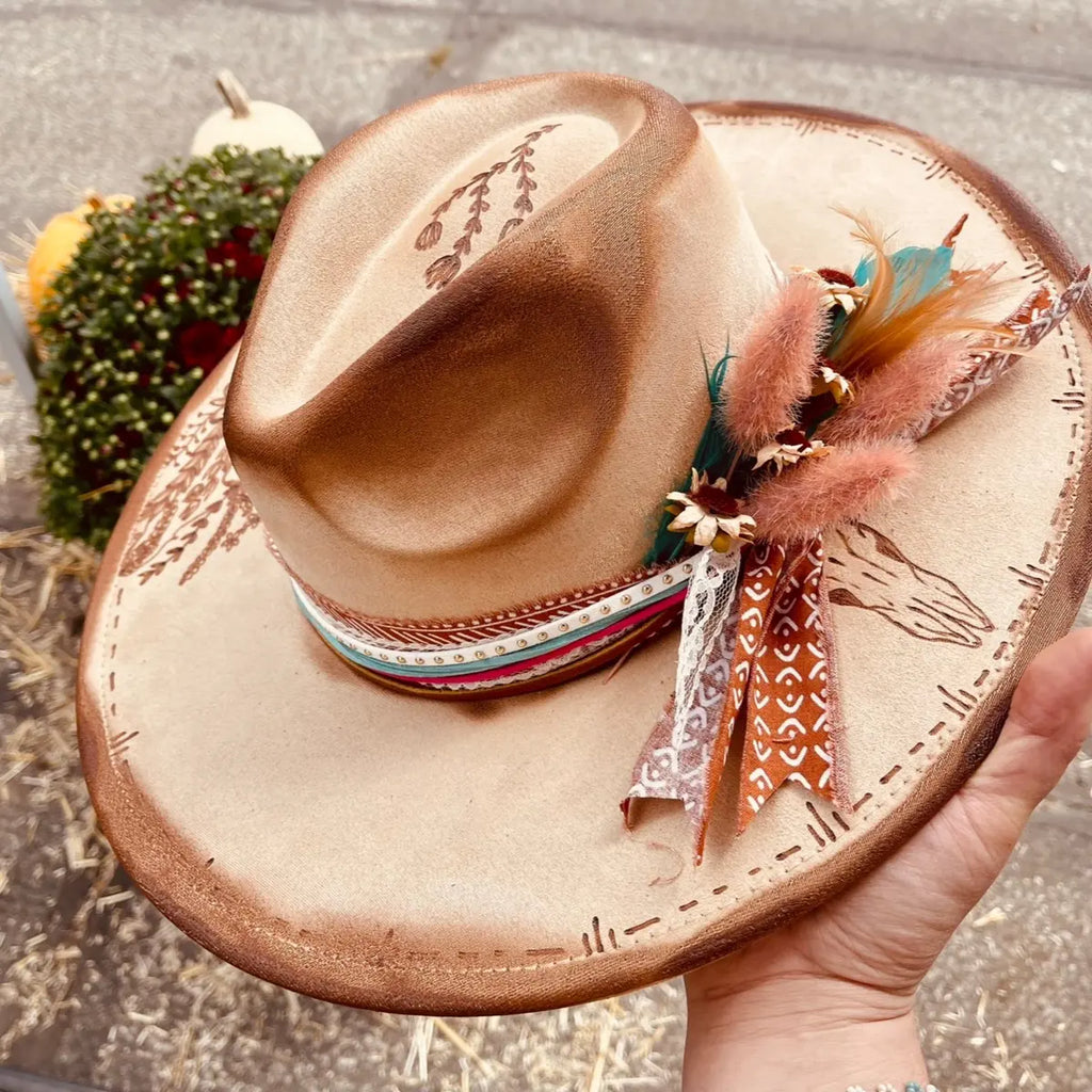 Tan Felt Wide Brim Hat With Feather Trim