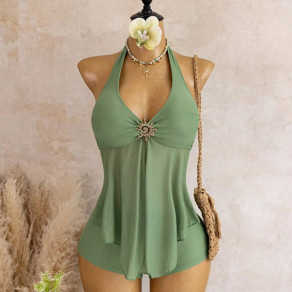 Cream Halter Tankini Top and Shorts Set