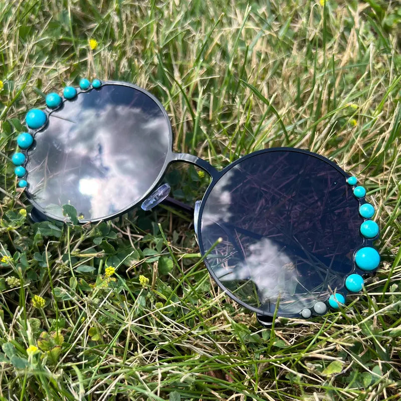Oversized Round Sunglasses with Turquoise Beads