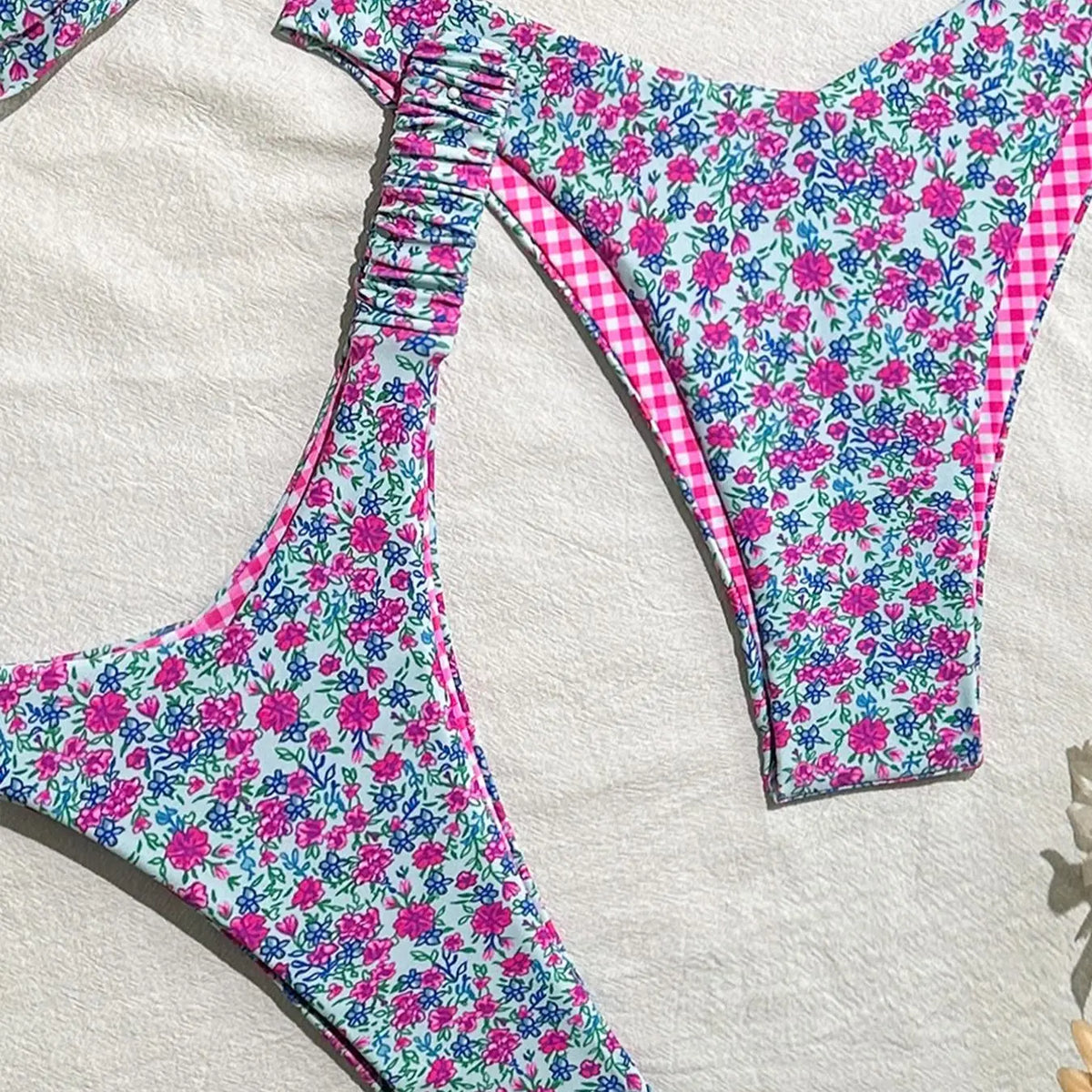Pink and Blue Floral Three-Piece Bikini Set