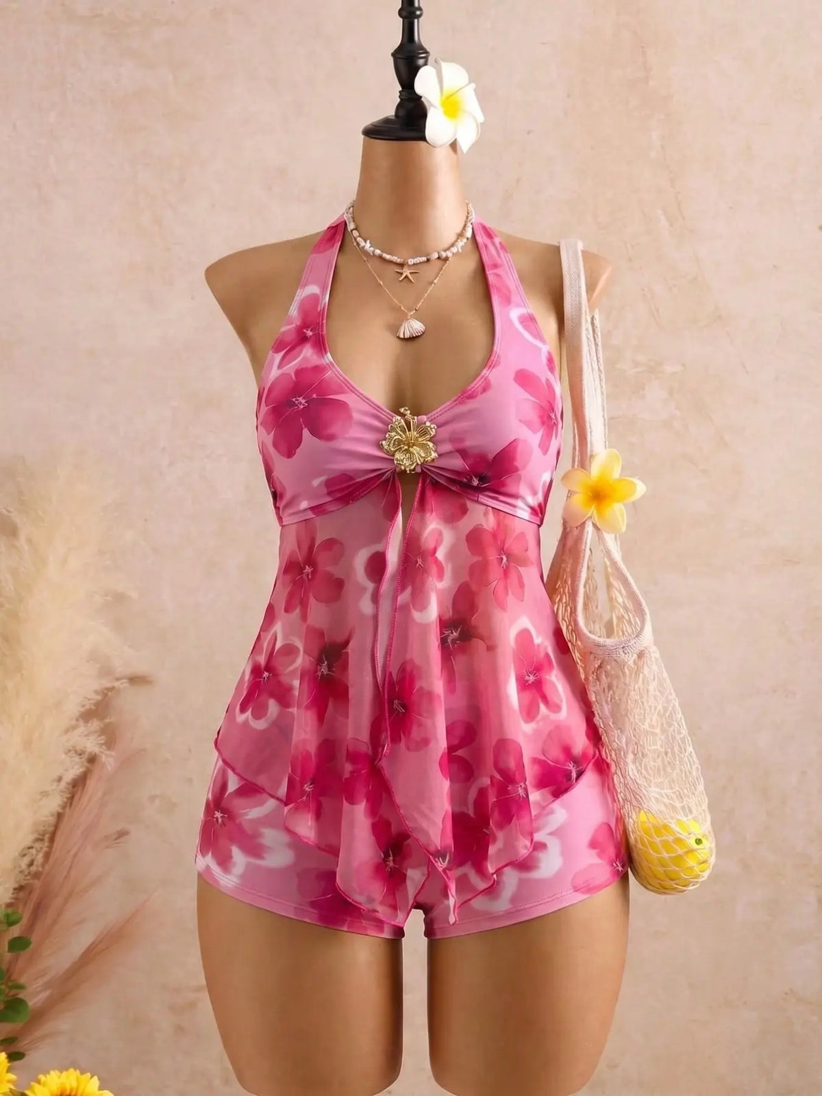 Pink Floral Halter Two-Piece Swimsuit with Mesh Overlay