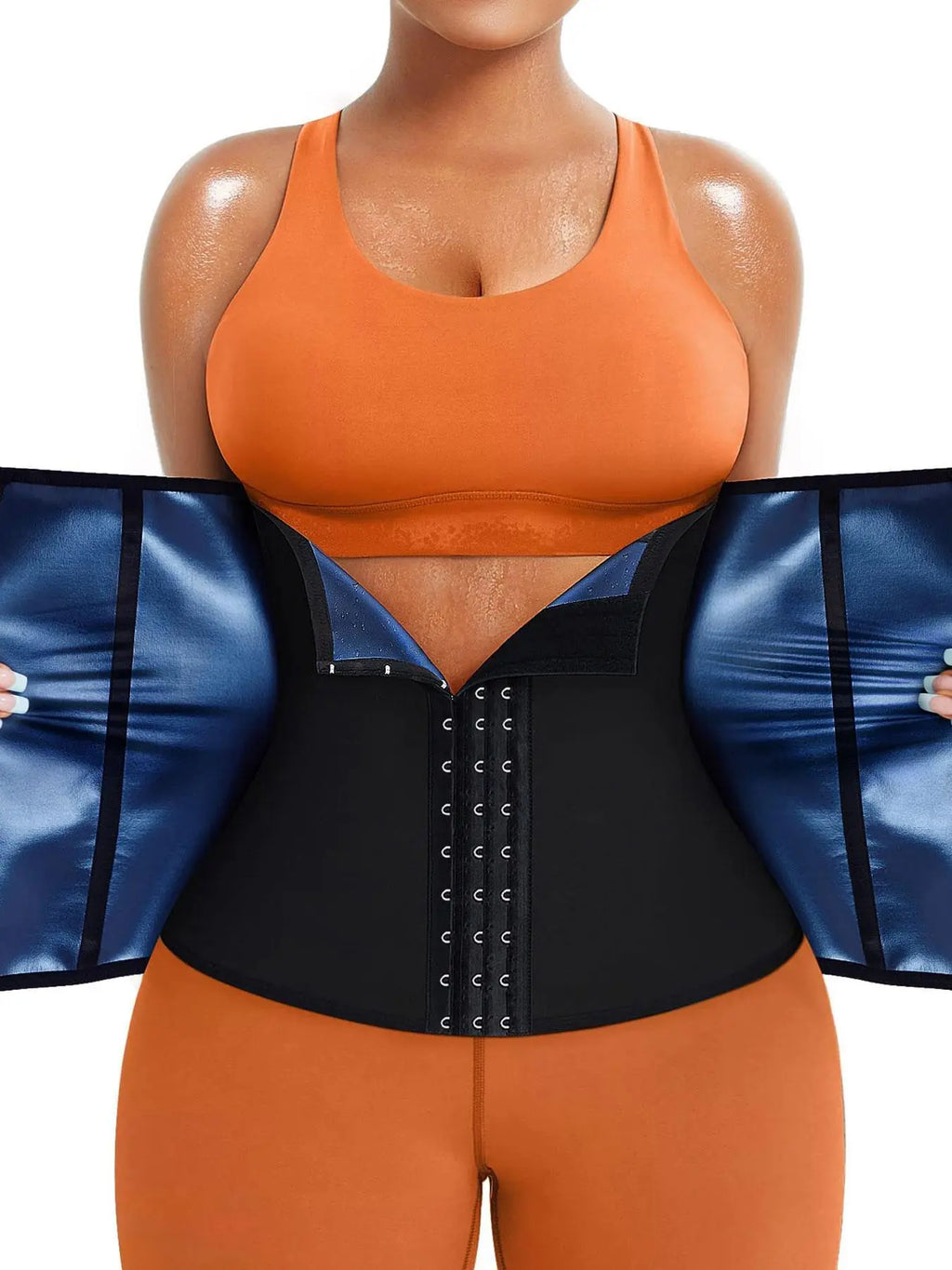 Black Hook Front Waist Trainer with Blue Lining