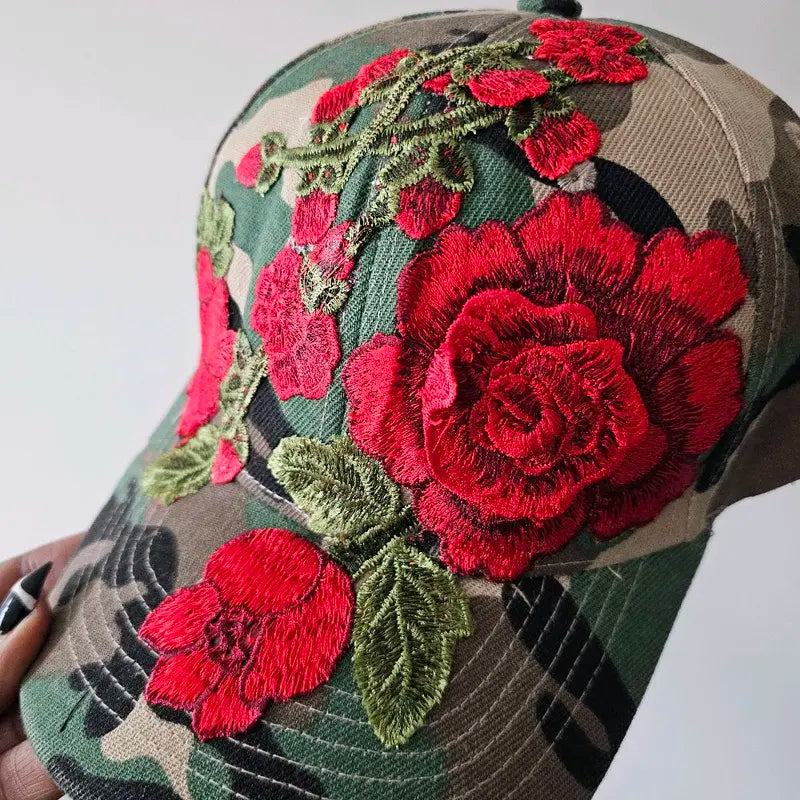 Camouflage Baseball Cap with Blue Flower Embroidery