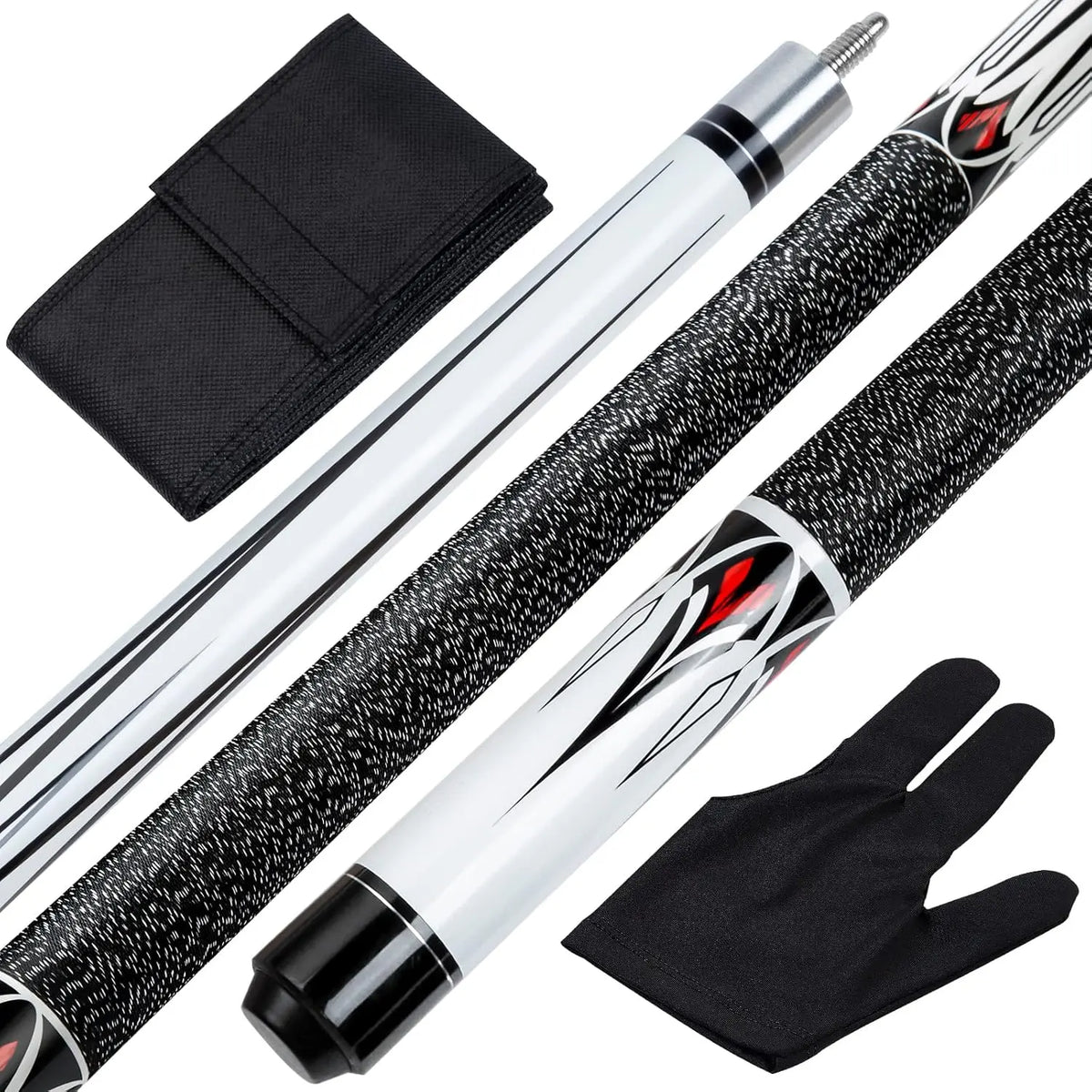 Two-Piece Pool Cue with White Shaft and Glove