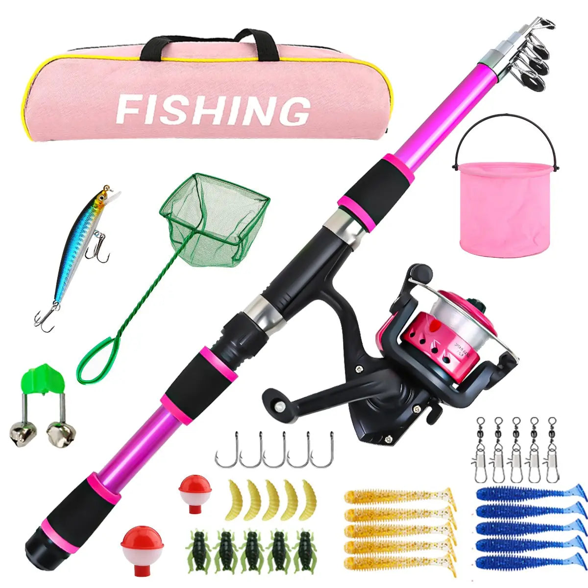 Pink Telescopic Fishing Rod Kit With Bucket