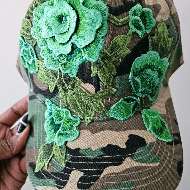 Camouflage Baseball Cap with Blue Flower Embroidery