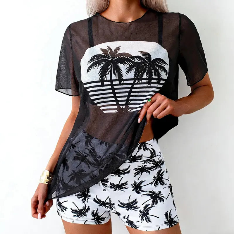 Three-Piece Palm Print Swim Set With Mesh Cover