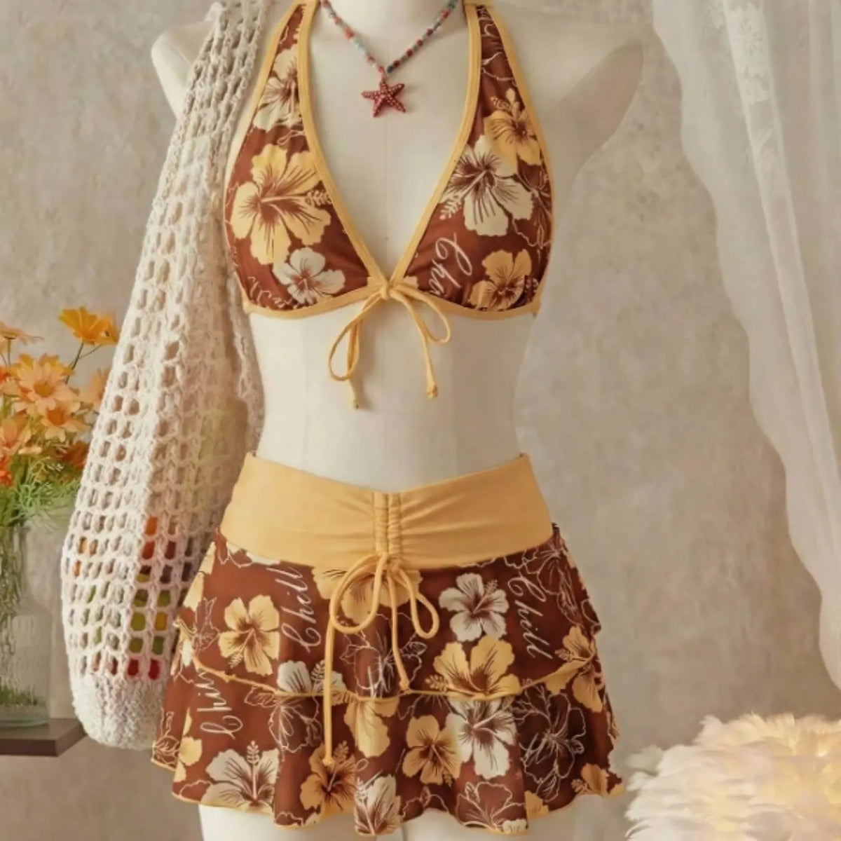 Pink Floral Halter Bikini Top and Ruffle Skirt Set