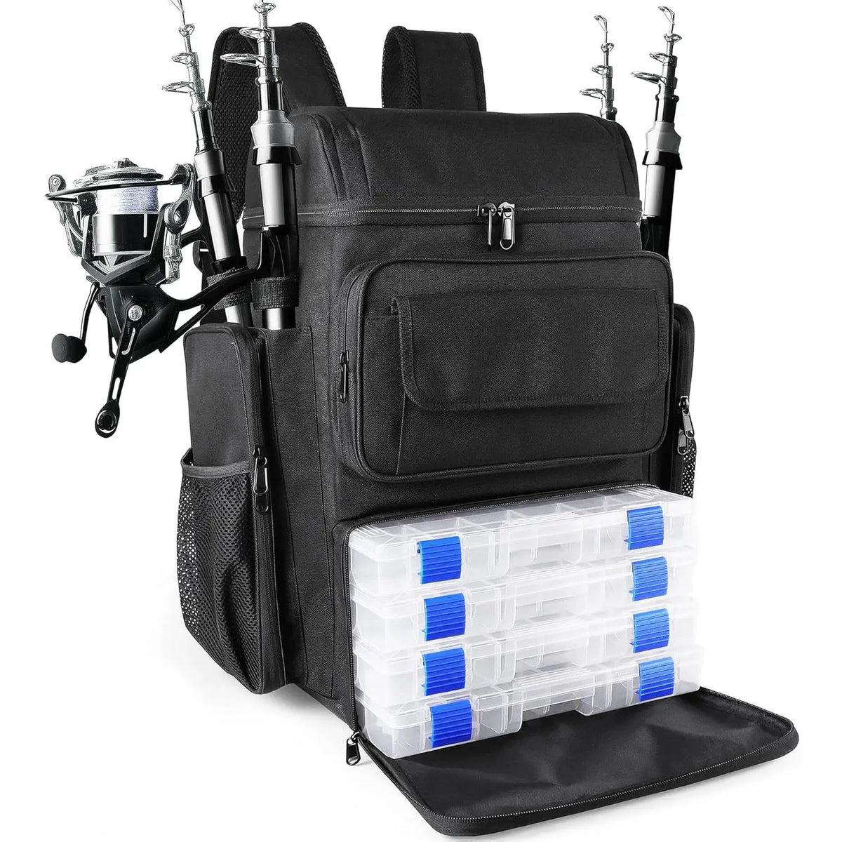 Black Fishing Backpack with Rod Holders and Boxes