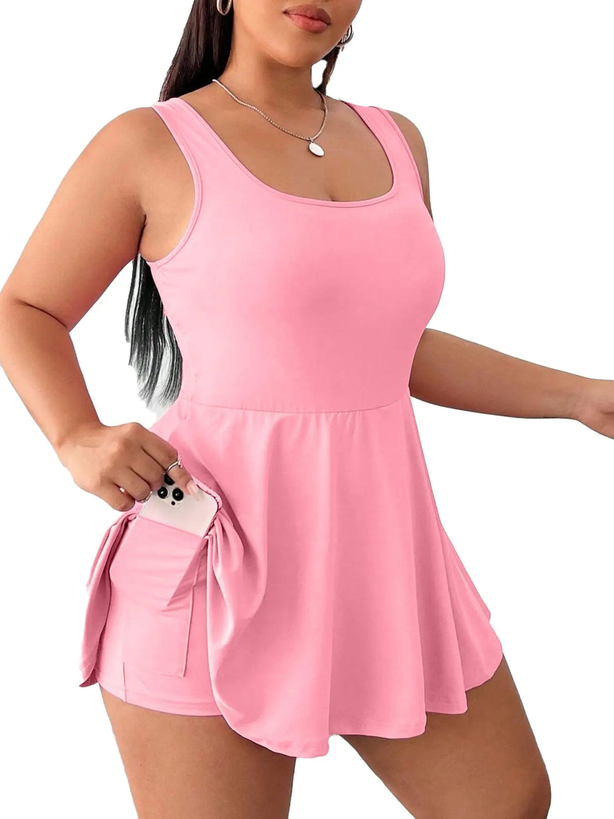 Pink Sleeveless Skater Dress with Built-In Shorts