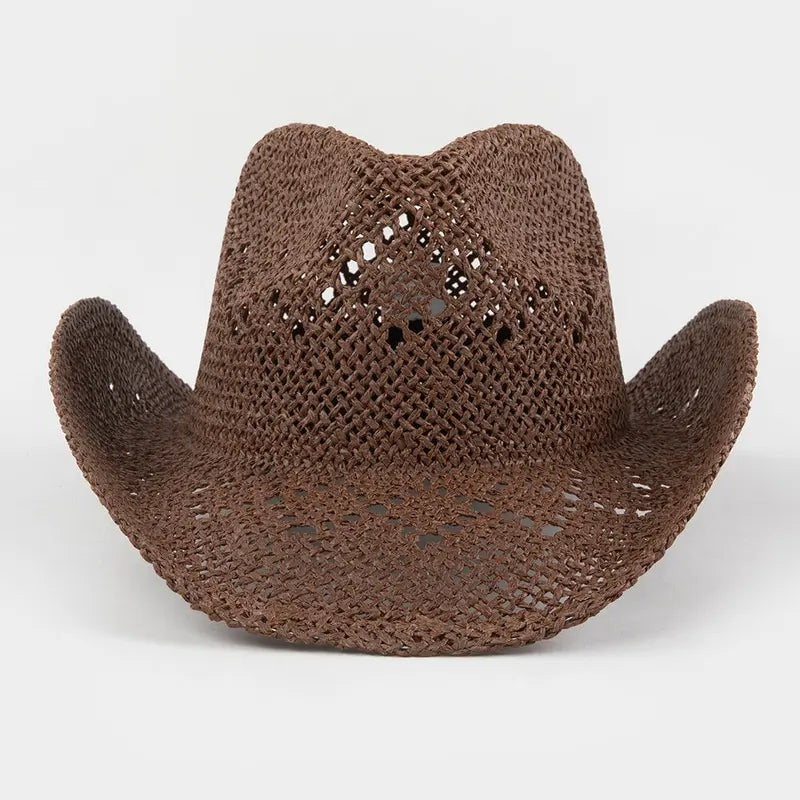 Brown Woven Straw Cowboy Hat with Open Weave