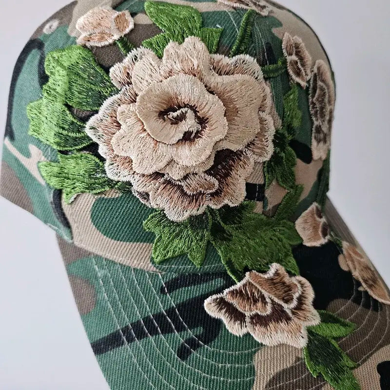 Camouflage Baseball Cap with Blue Flower Embroidery