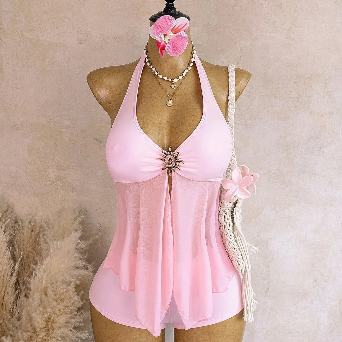 Cream Halter Tankini Top and Shorts Set
