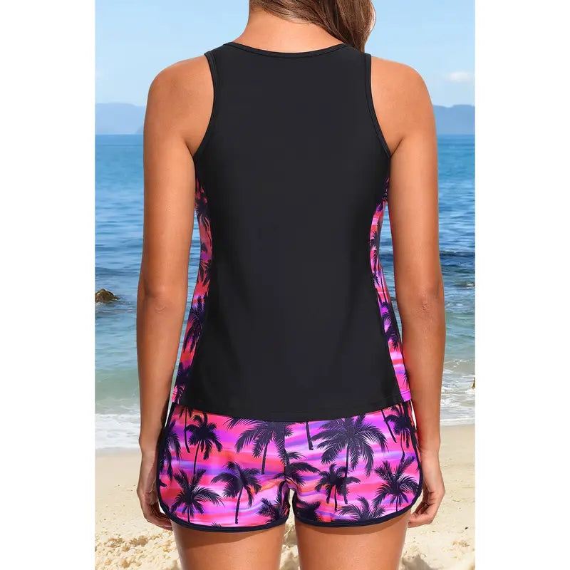 Black Tank Top and Palm Print Shorts Swim Set