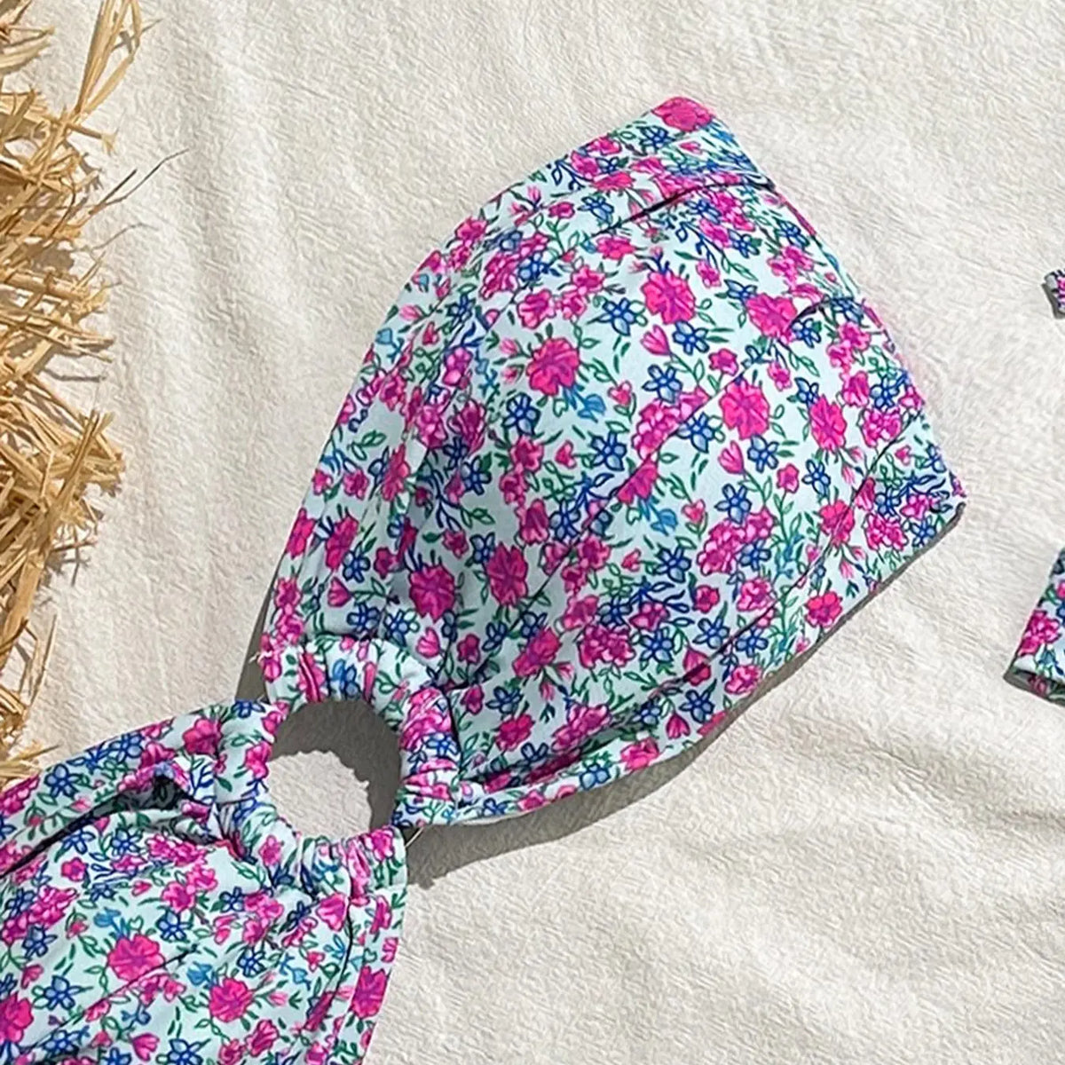 Pink and Blue Floral Three-Piece Bikini Set