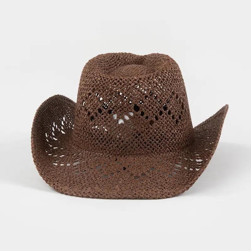 Brown Woven Straw Cowboy Hat with Open Weave